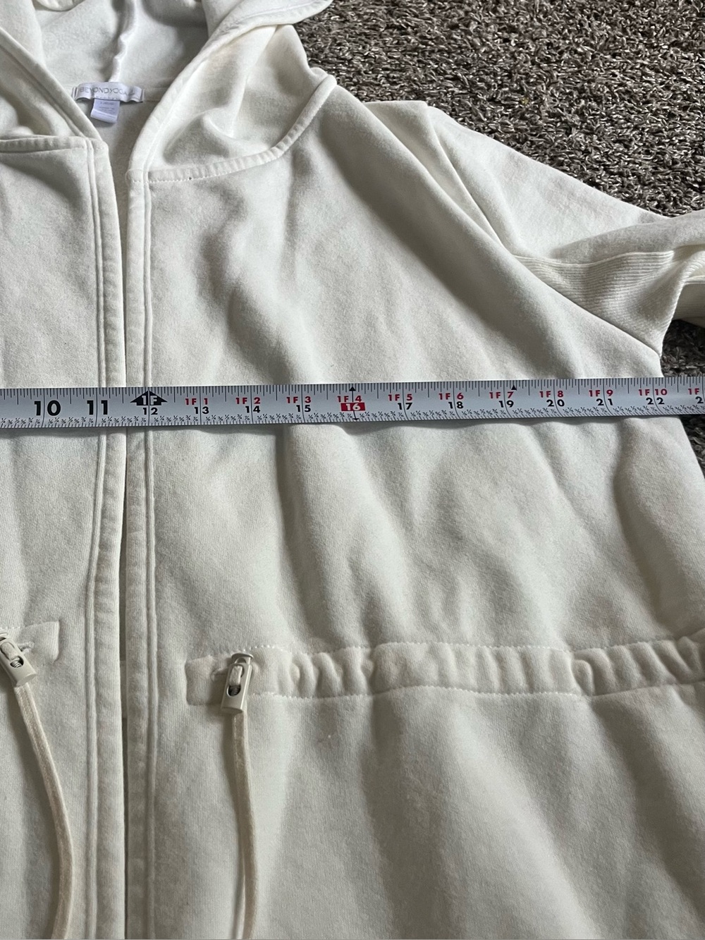 Beyond Yoga On the Go Open Front Hooded Jacket White Pockets Fleece Athleisure - Picture 4 of 10